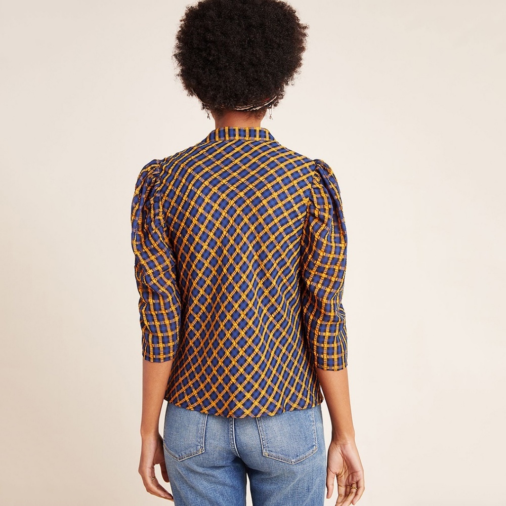 Eva Franco Anthropologie Textured Plaid Puff Sleeve Blouse Button up Shirt - Picture 5 of 8